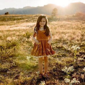 Girls Velvet Pinafore Dress with Pocket Embroidery - Mustard with shorts